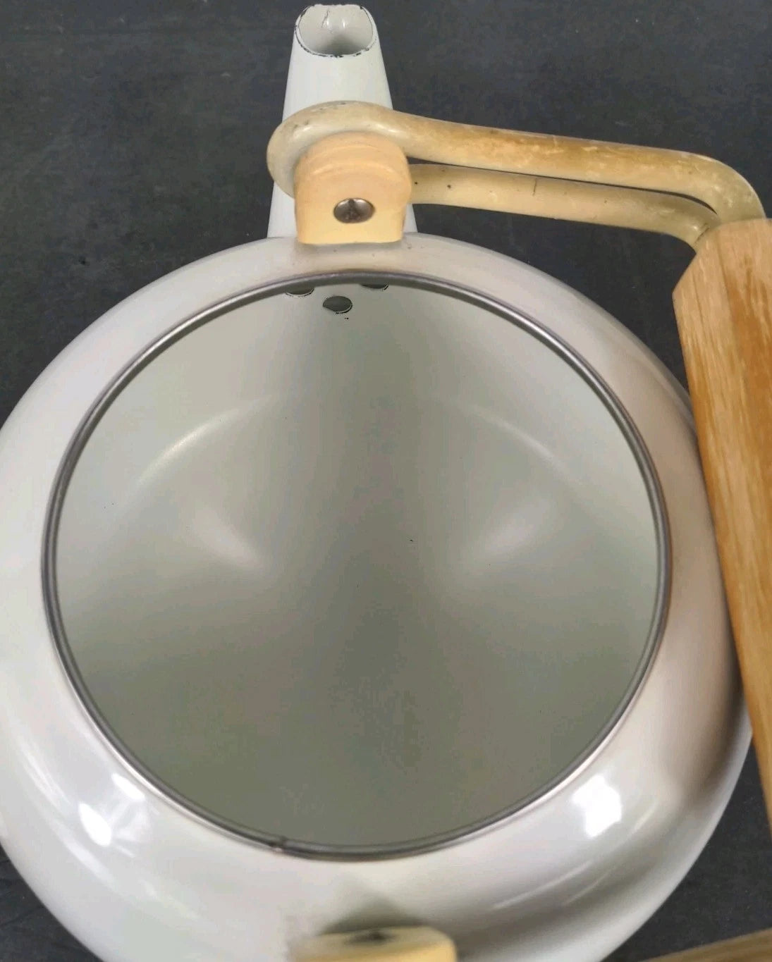 Vintage White Enamel Tea Kettle w Wood Handle Thailand | eBay