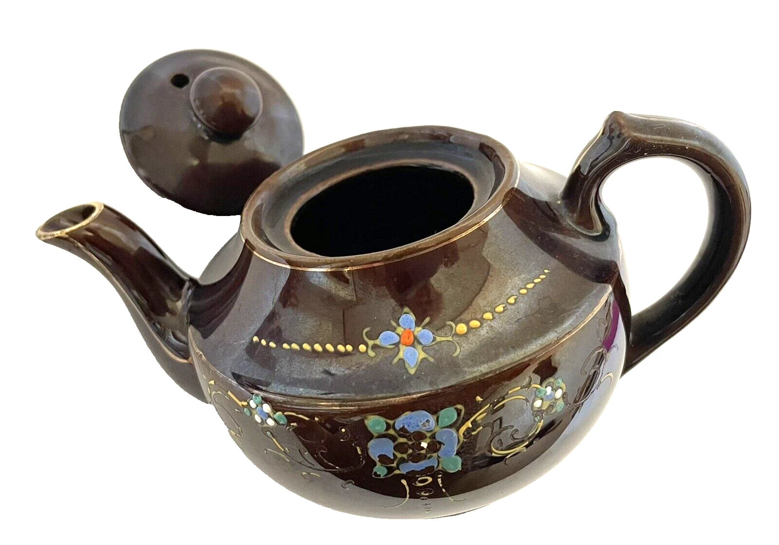 Redware Small Teapot Gold Trim Hand Painted Enamel Flowers Vintage Japan | eBay