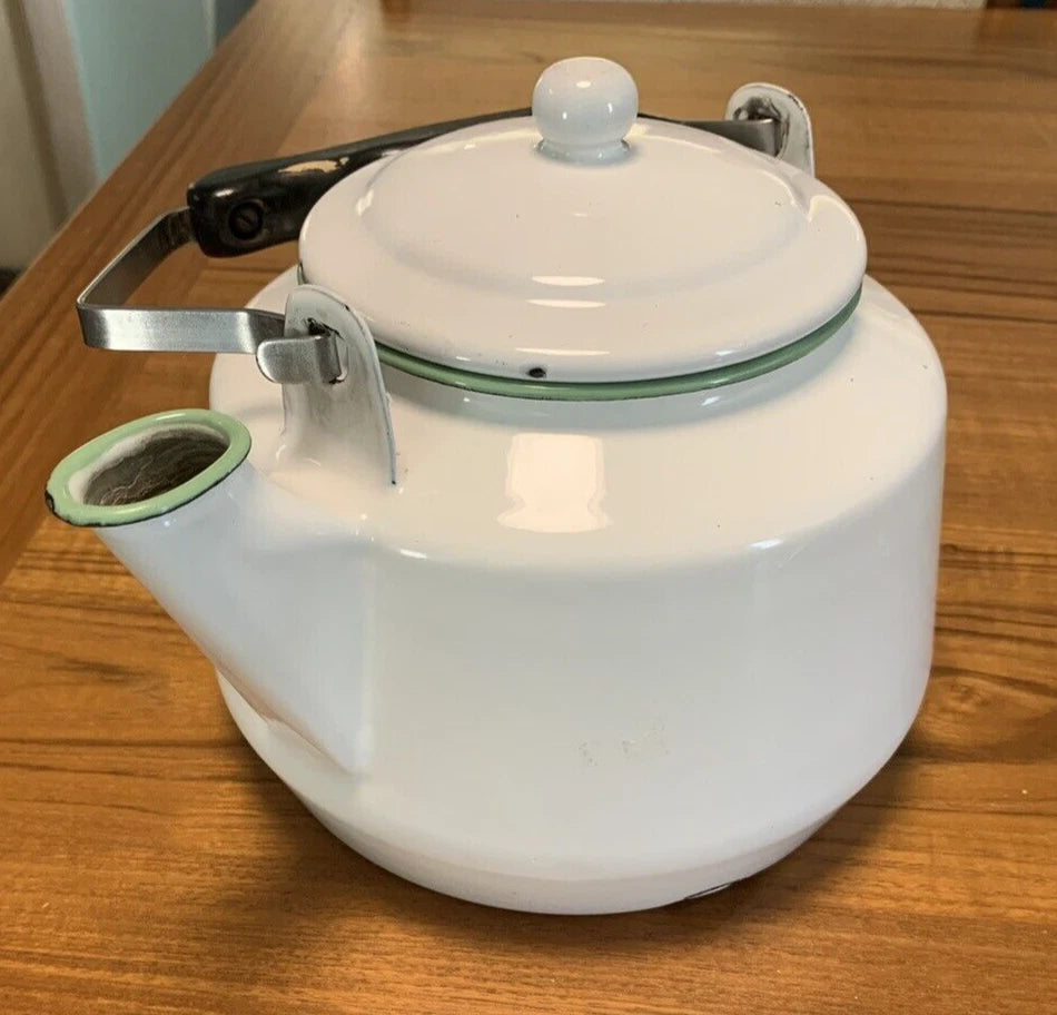 Vintage White Enamelware Tea Kettle Teapot Green Trim Farmhouse Cottage Core | eBay