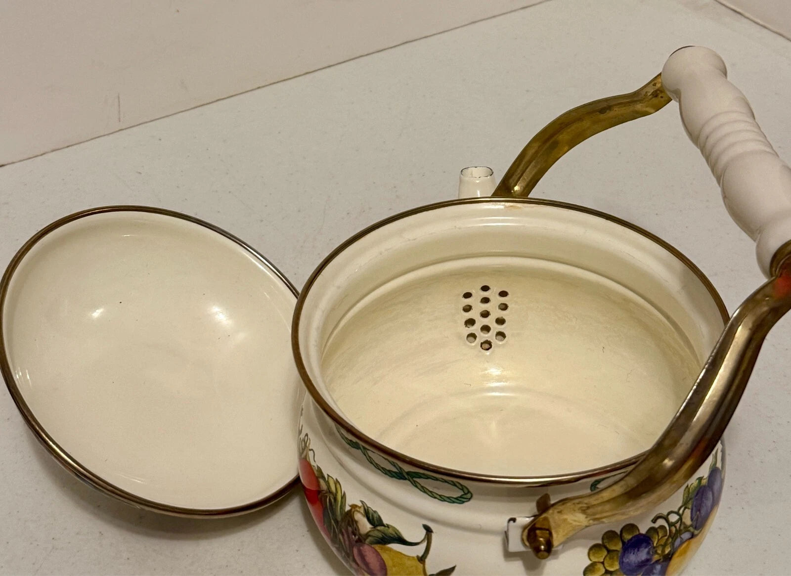 Lincoware Enamel Orchard Royal 8 CUP Teapot Kettle w/handle and brass top | eBay