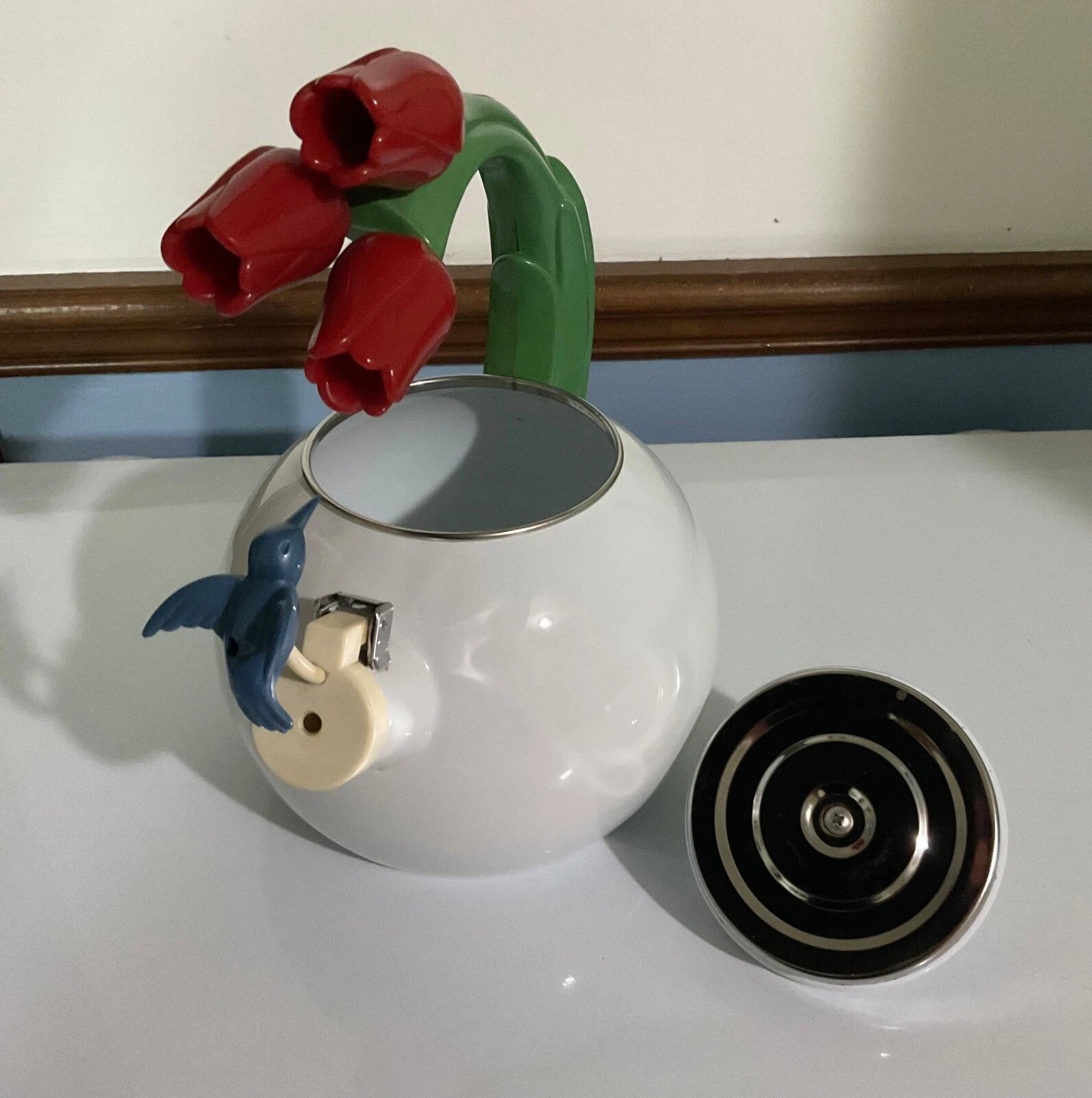 90s Ancona Hummingbird & Tulips White Enamelware Kettle Teapot. Beautiful! | eBay