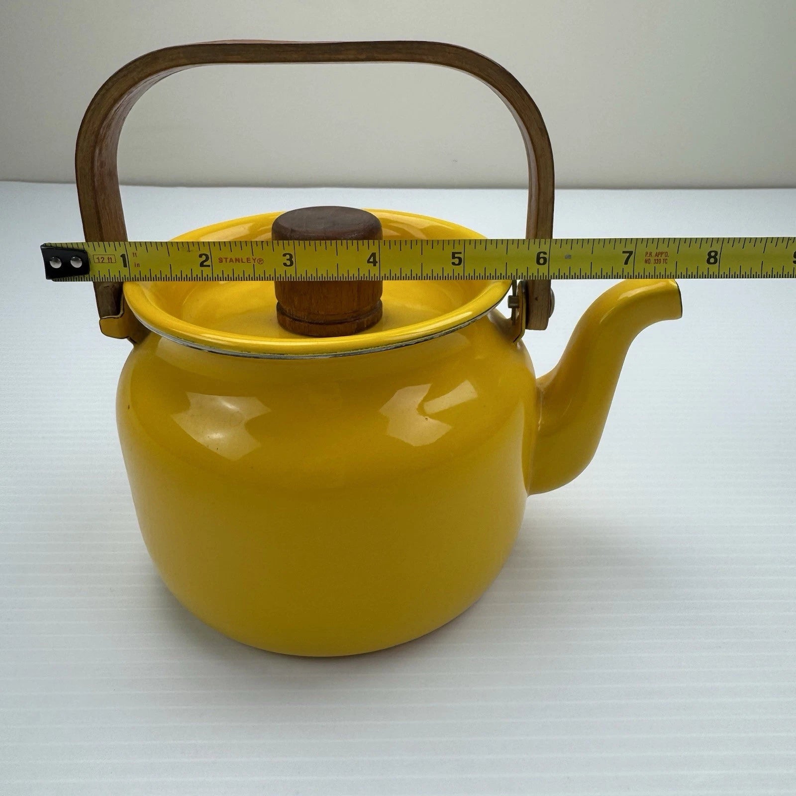 Vintage MCM Yellow Enamel Tea Kettle Teapot With Lid Wood Handle EnamelWare | eBay