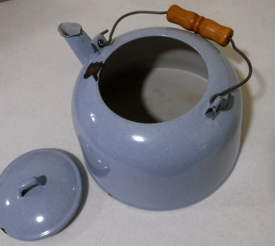 Vintage Enamel Light Blue Speckled Teapot with Wood Handle | eBay
