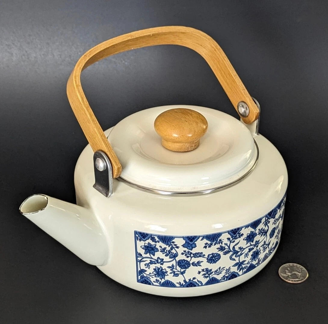 Charming White Enamel Ware Blue Flowers 9” w Spout Teapot Beautiful Excellent | eBay