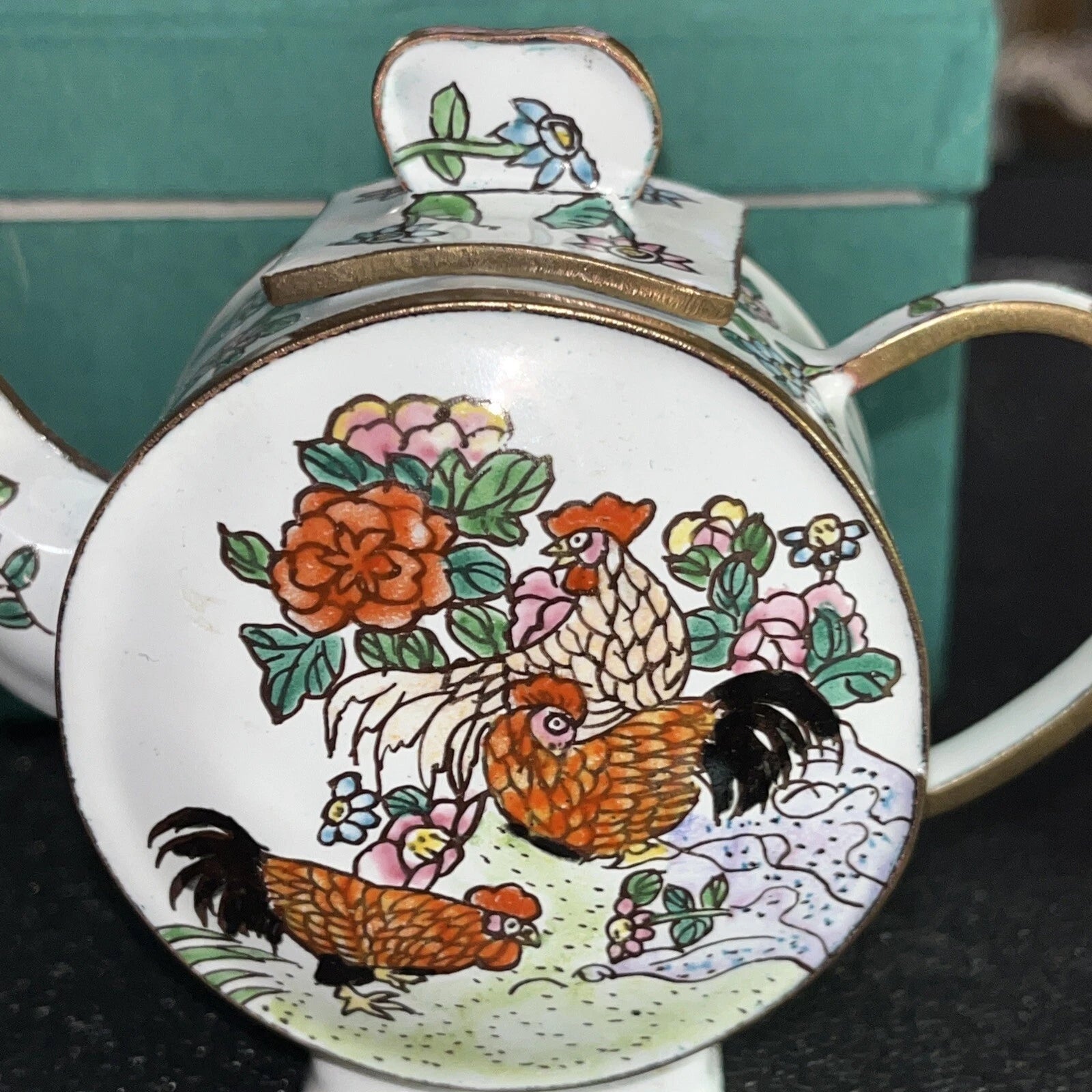 Porcelain Enamel Over Copper Mini Tea Pot With Roosters By Chinemel Fast Ship | eBay