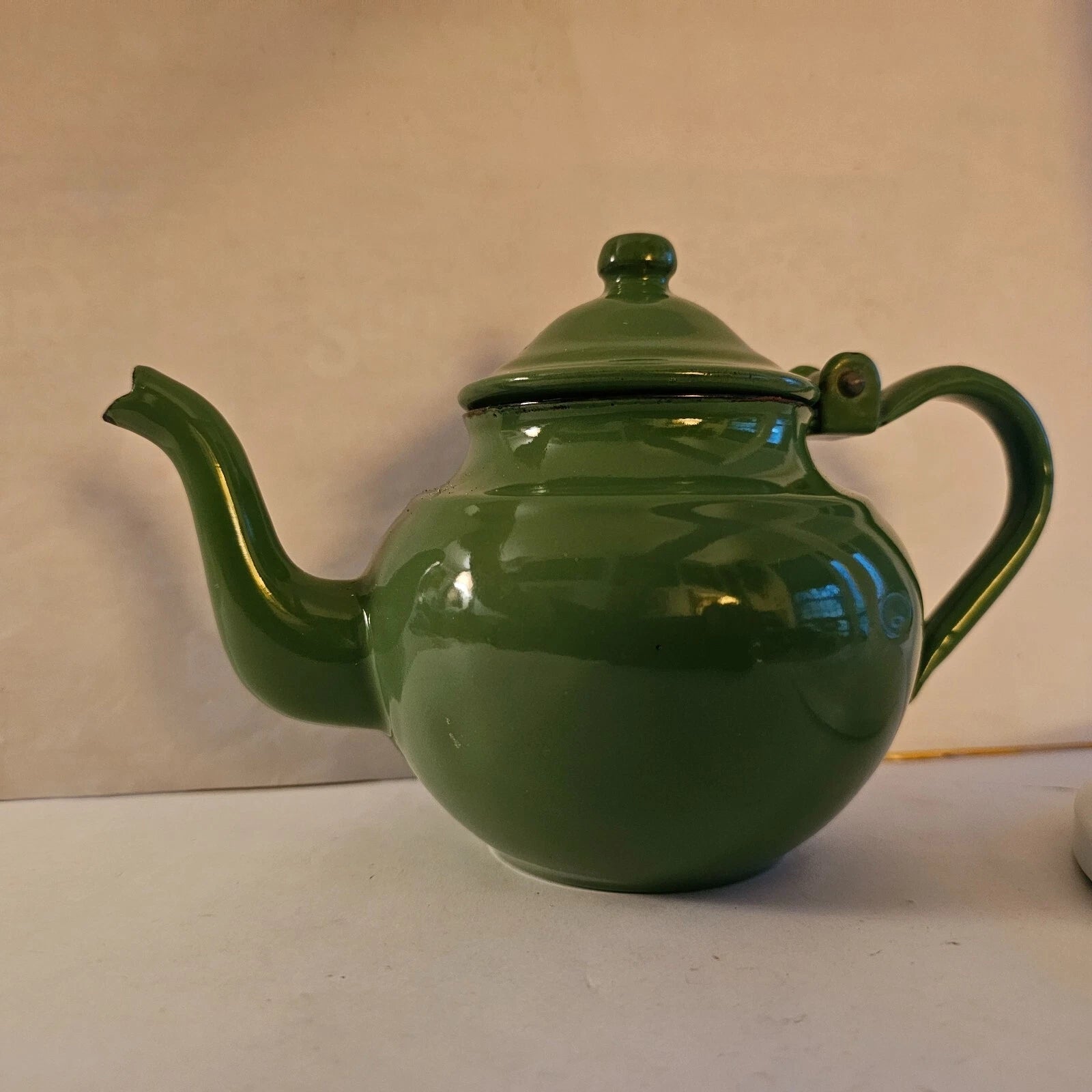 SMALL GREEN ENAMEL TEAPOT PITCHER POT PORCELAIN METAL w/ LID WHITE BLACK ANTIQUE | eBay