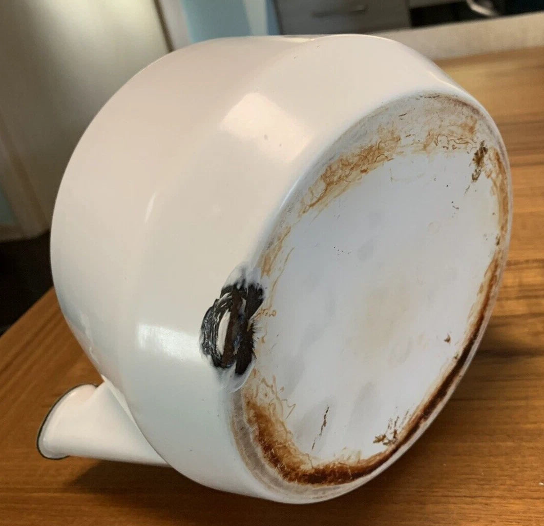 Vintage White Enamelware Tea Kettle Teapot Green Trim Farmhouse Cottage Core | eBay