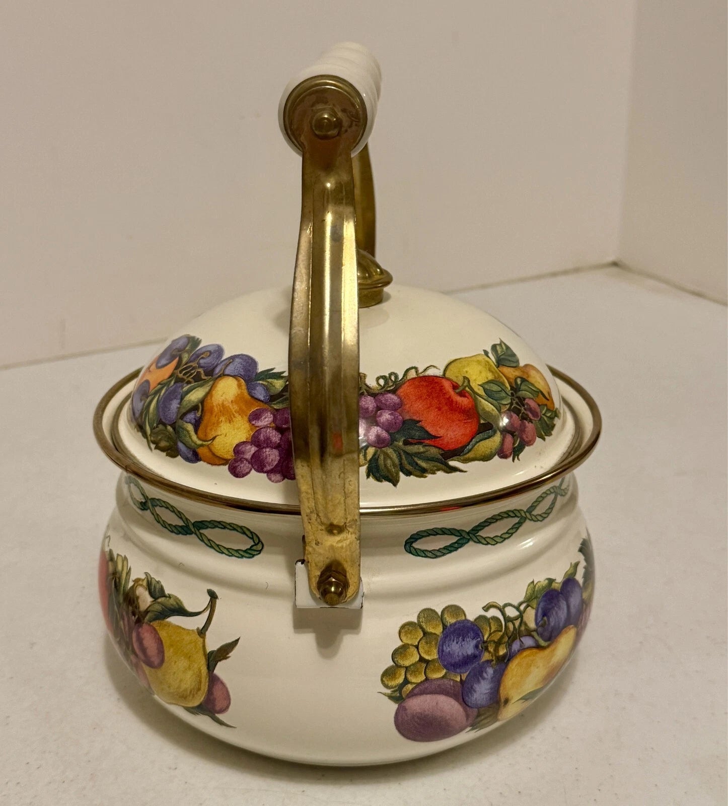 Lincoware Enamel Orchard Royal 8 CUP Teapot Kettle w/handle and brass top | eBay