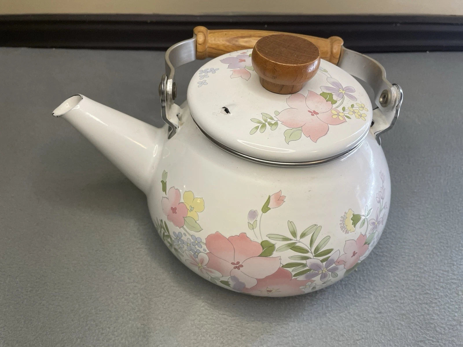 Vintage Enamel Teapot Floral pastel design w/ wood handle vintage farmhouse MCM | eBay