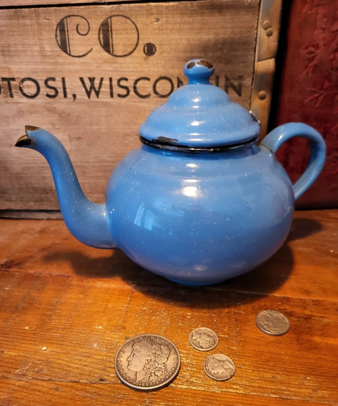 Vintage Small Gooseneck Enamelware Tea Kettle Coffee Pot Blue Teapot Collector | eBay
