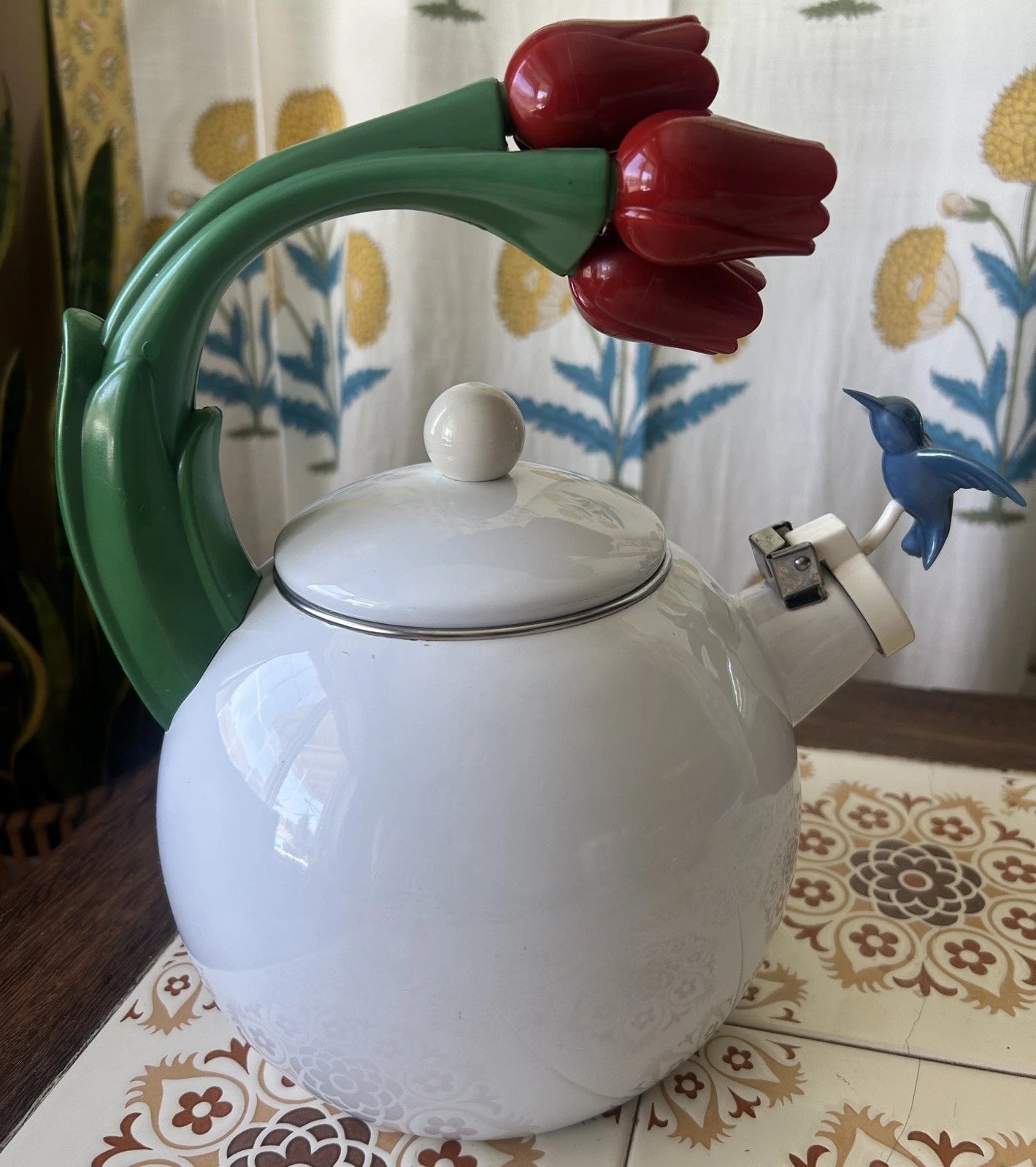 Ancona Kettle Hummingbird, Tulips Enamel Red, White, Blue & Green Vintage Teapot | eBay