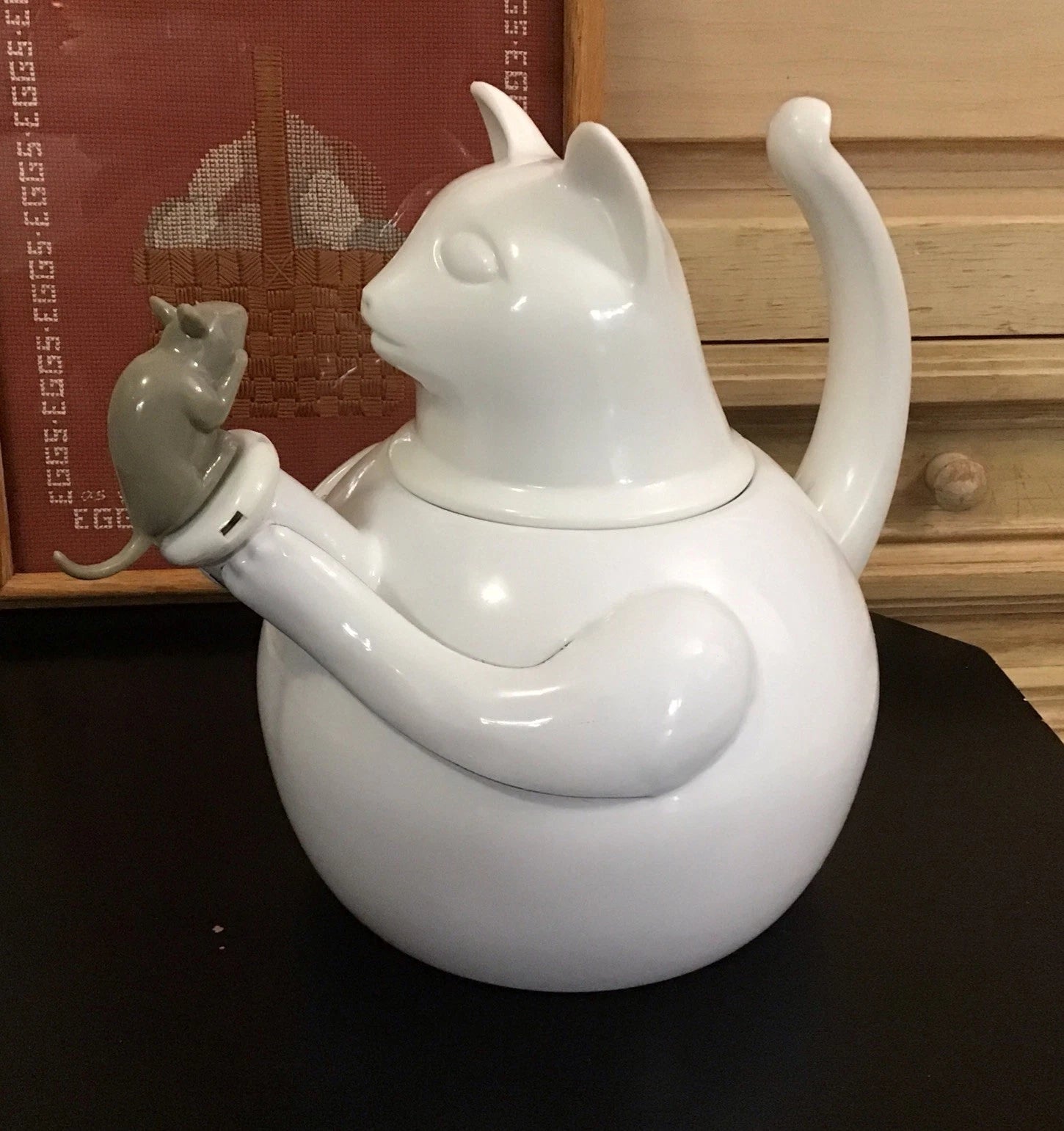 Vintage Retro Copco White Cat And Mouse Whistling Enamel Teapot Kettle EUC | eBay