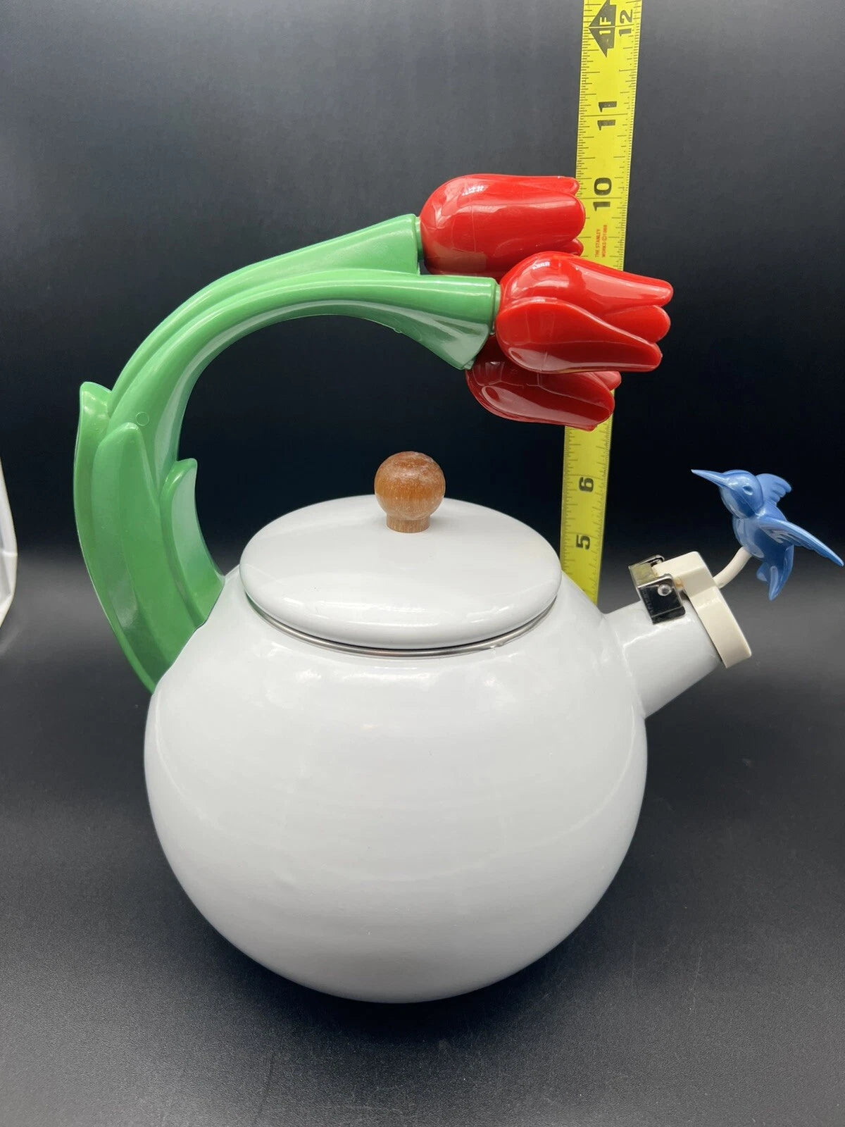 Enamel Metal Teapot Kettle With Tulips Handle And A Humming Bird. | eBay