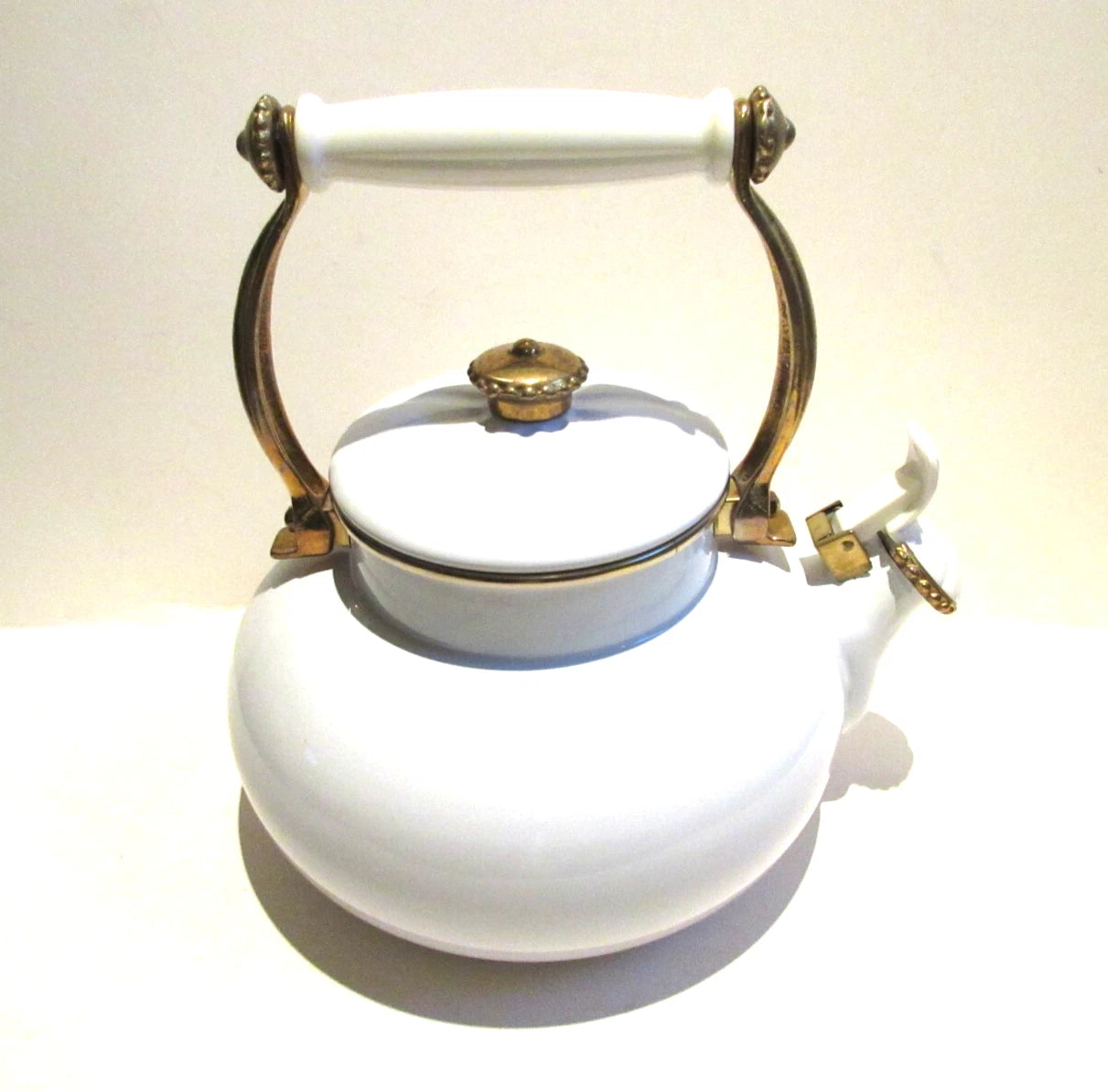 Via Ancona Teapot White Enamel and Antique Brass Finish Whistling Kettle 1998 | eBay