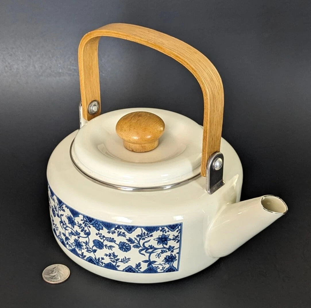 Charming White Enamel Ware Blue Flowers 9” w Spout Teapot Beautiful Excellent | eBay