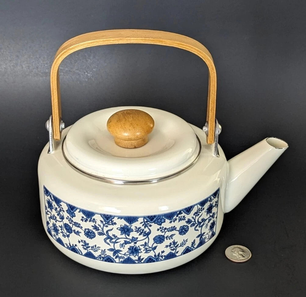 Charming White Enamel Ware Blue Flowers 9” w Spout Teapot Beautiful Excellent | eBay