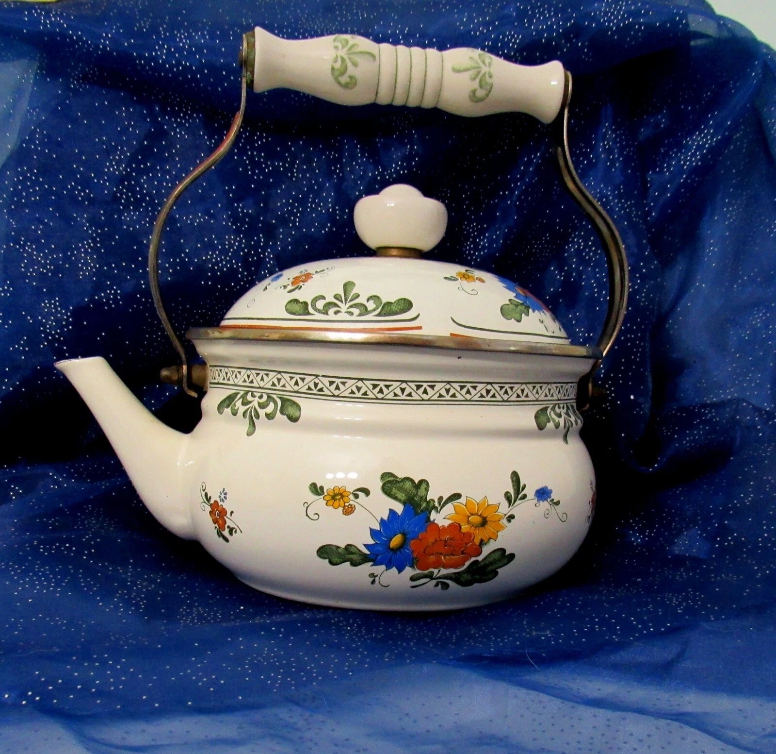 Vtg Enamel Teapot 1980s Porcelain Floral Kettle Tea Pot Farmhouse Ceramic Handle | eBay