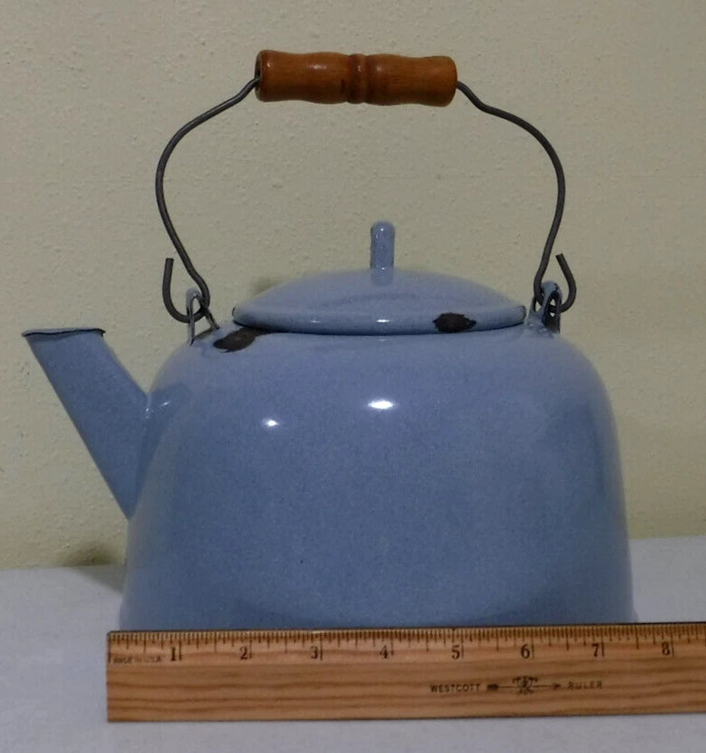 Vintage Enamel Light Blue Speckled Teapot with Wood Handle | eBay