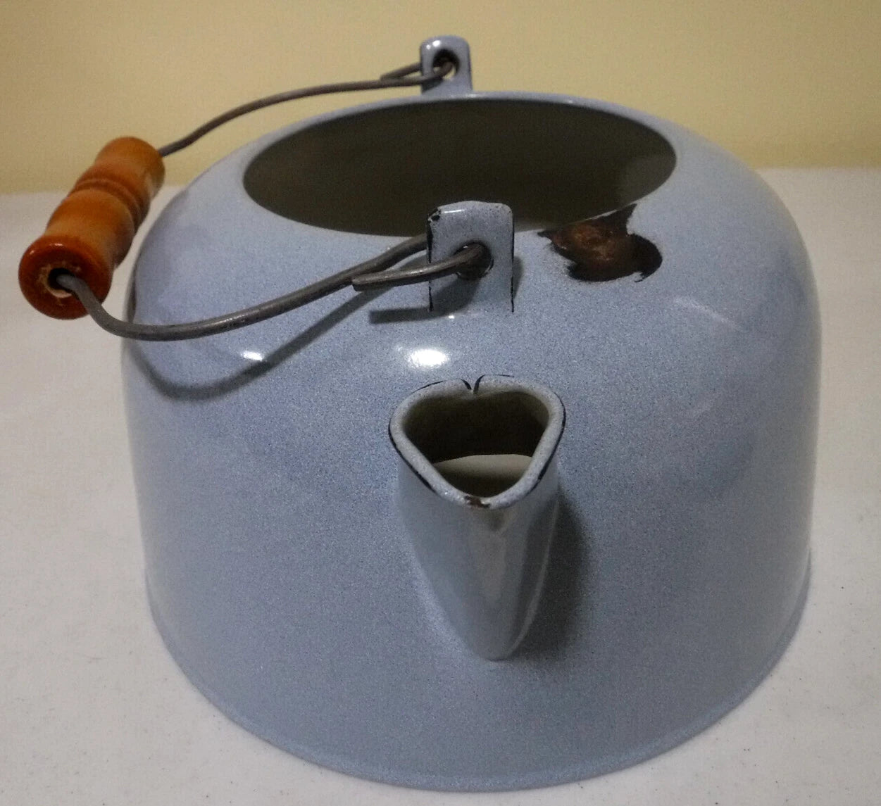 Vintage Enamel Light Blue Speckled Teapot with Wood Handle | eBay
