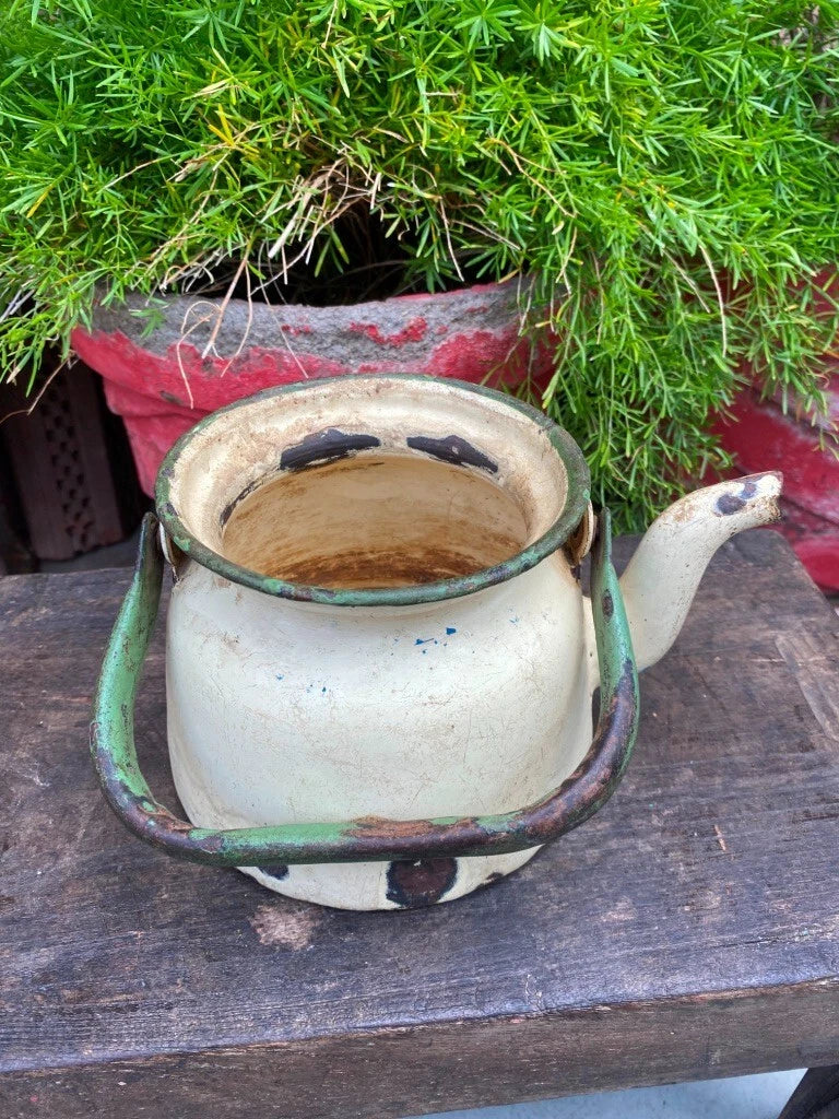 Collectible Old Cream Green Rustic Enamel Porcelain Teapot Tea Kettle | eBay