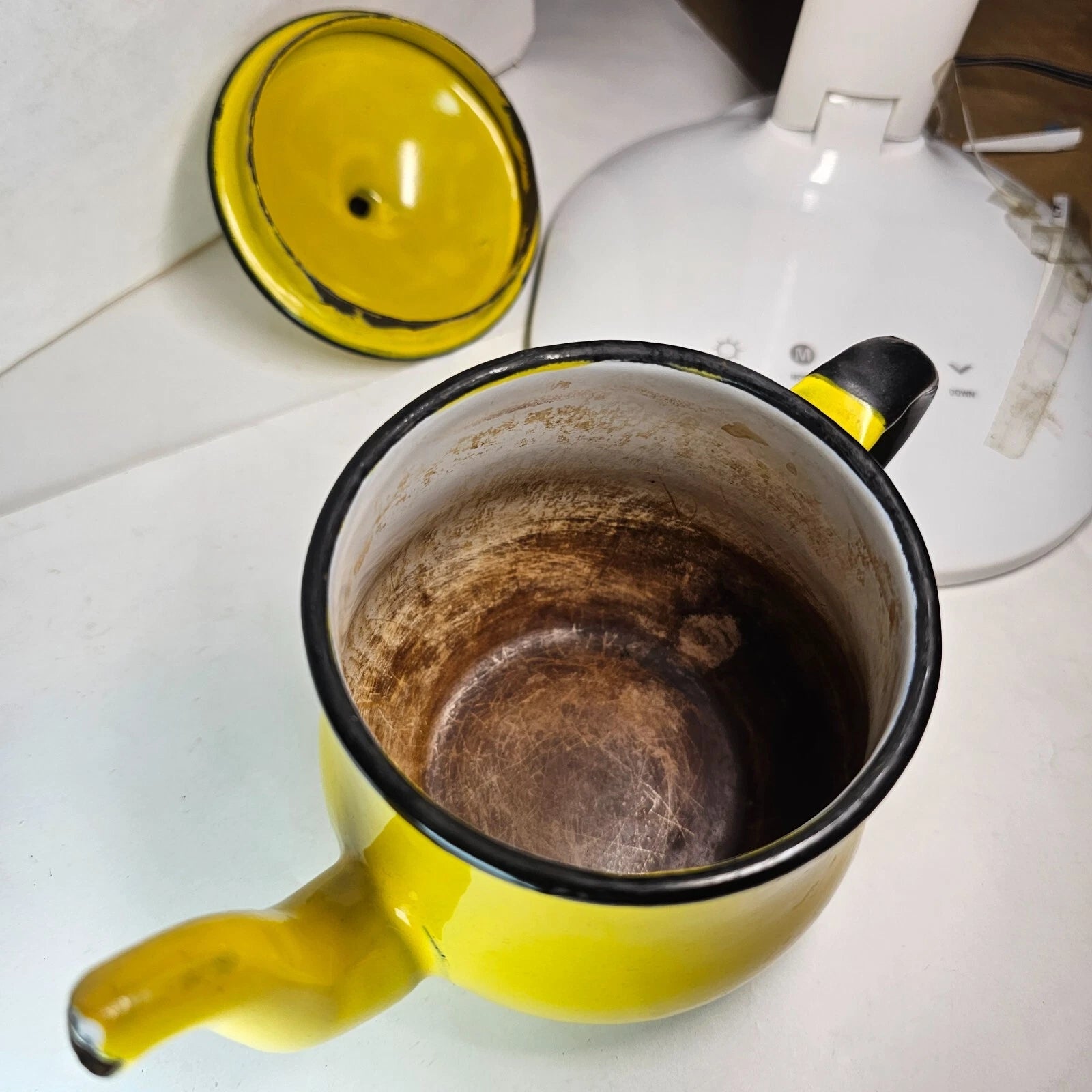 SMALL YELLOW ENAMEL TEAPOT PITCHER JAPAN PORCELAIN METAL LID BLACK ANTIQUE OTO | eBay