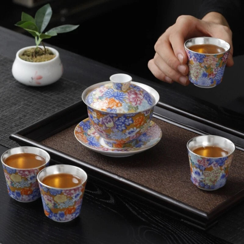 Enamel Craft Complete Tea Set Pure Silver Porcelain Gaiwan Tea Pot Cup Pitcher | eBay