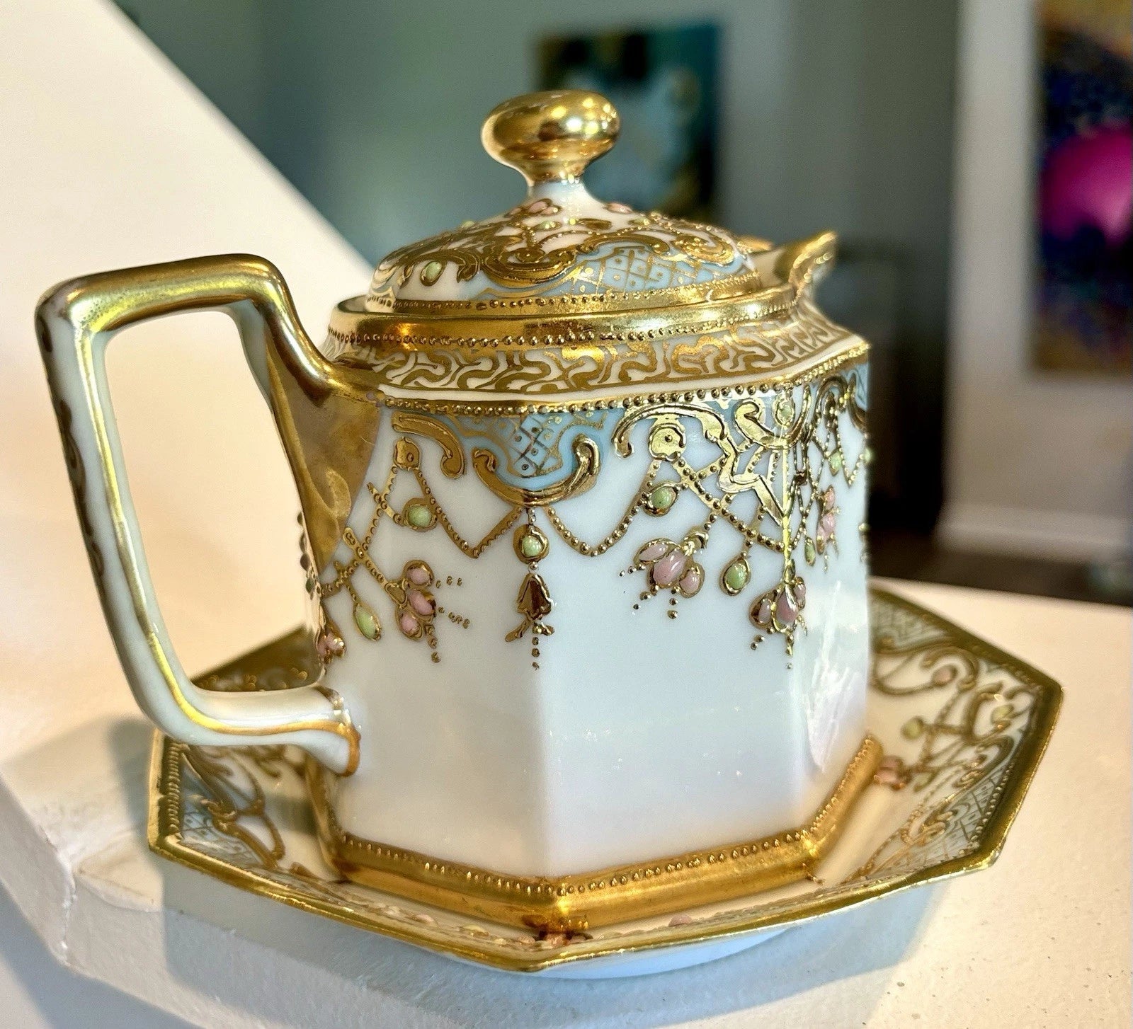 Esquisite NIPPON MORIAGE TEAPOT & UNDERPLATE GOLD ENAMEL - BEADING | eBay