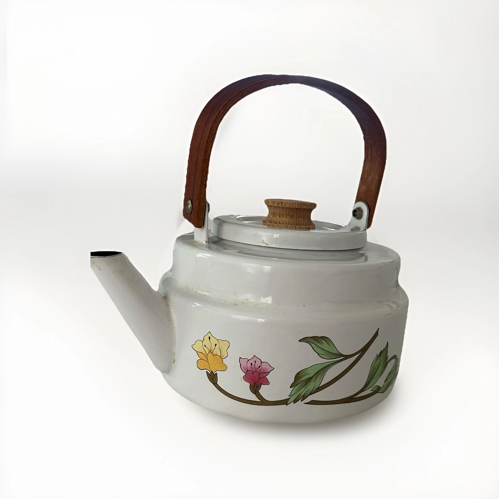 Vintage Gailstyn-Sutton White Enamel Floral Teapot Tea Kettle Wooden Handle 80’s | eBay