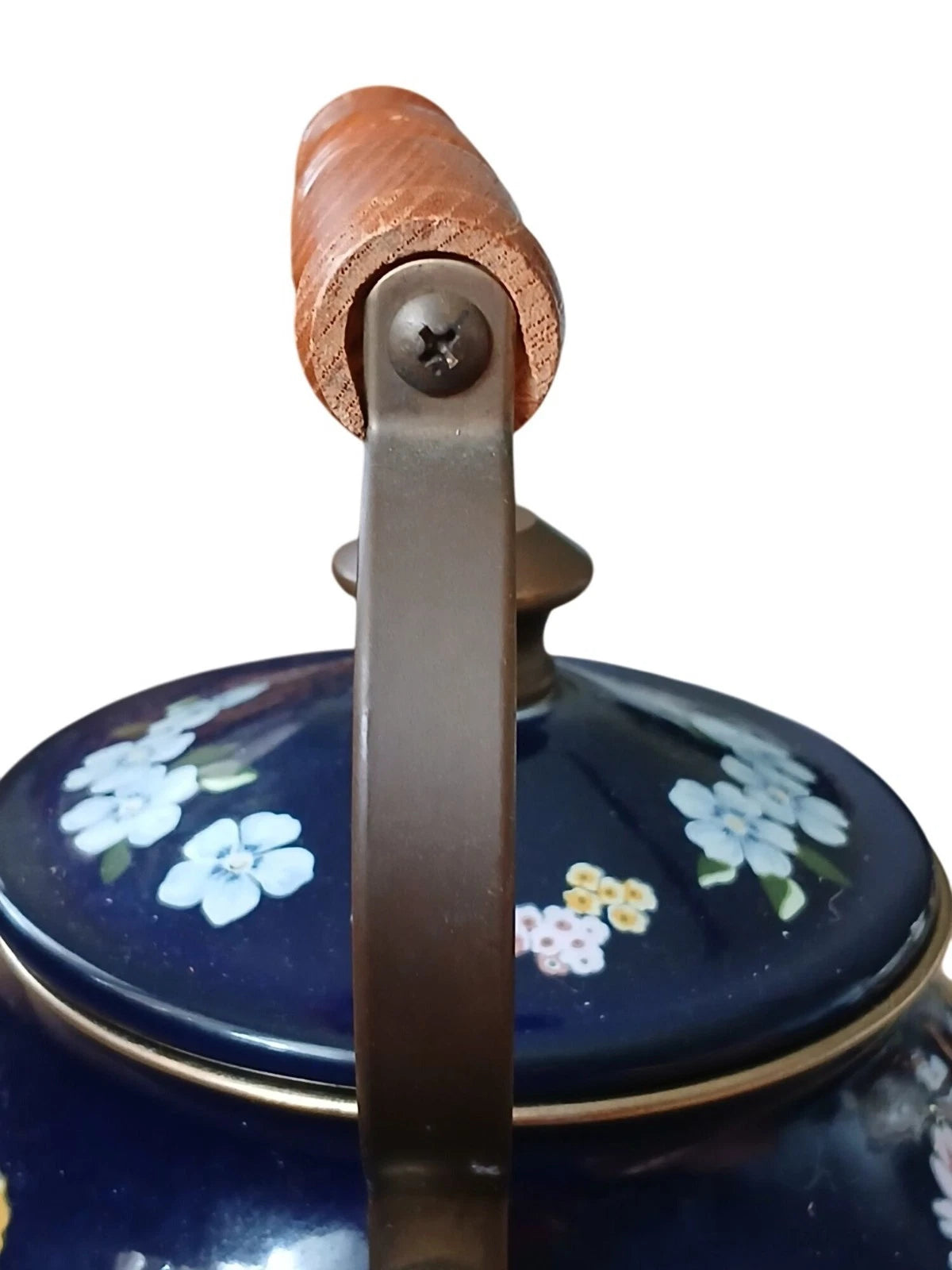 Vintage 80s Flower Garden Navy Blue Enamel Teapot Wooden Handle Cottage Kitchen | eBay