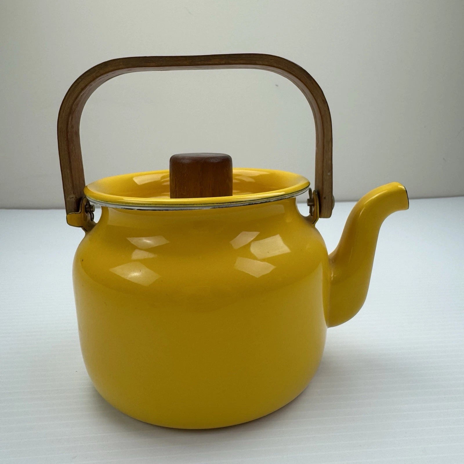 Vintage MCM Yellow Enamel Tea Kettle Teapot With Lid Wood Handle EnamelWare | eBay