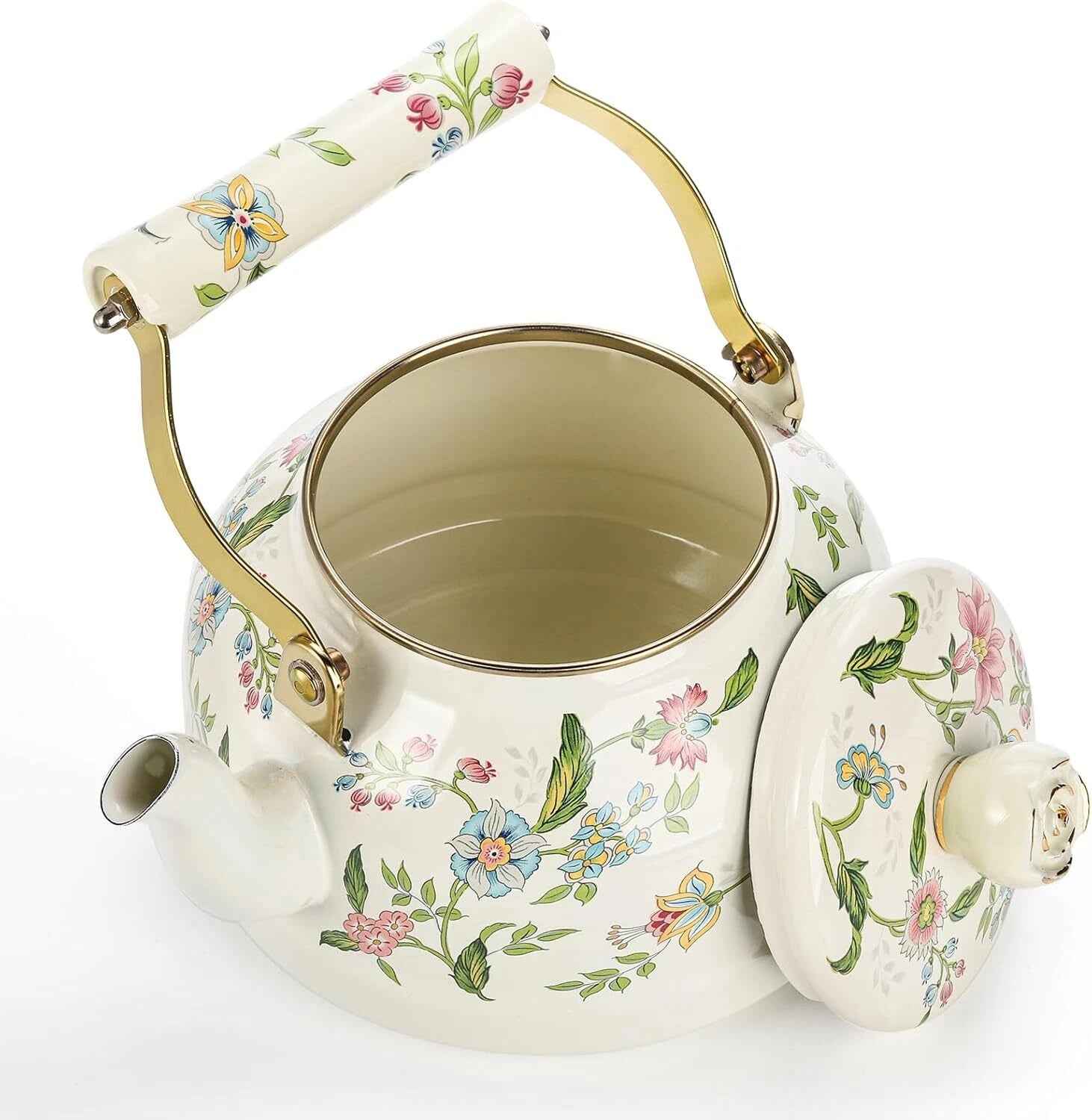 Vintage Enamel Tea Kettle 2.6 Qt Green Floral Stovetop Teapot Porcelain Handle | eBay