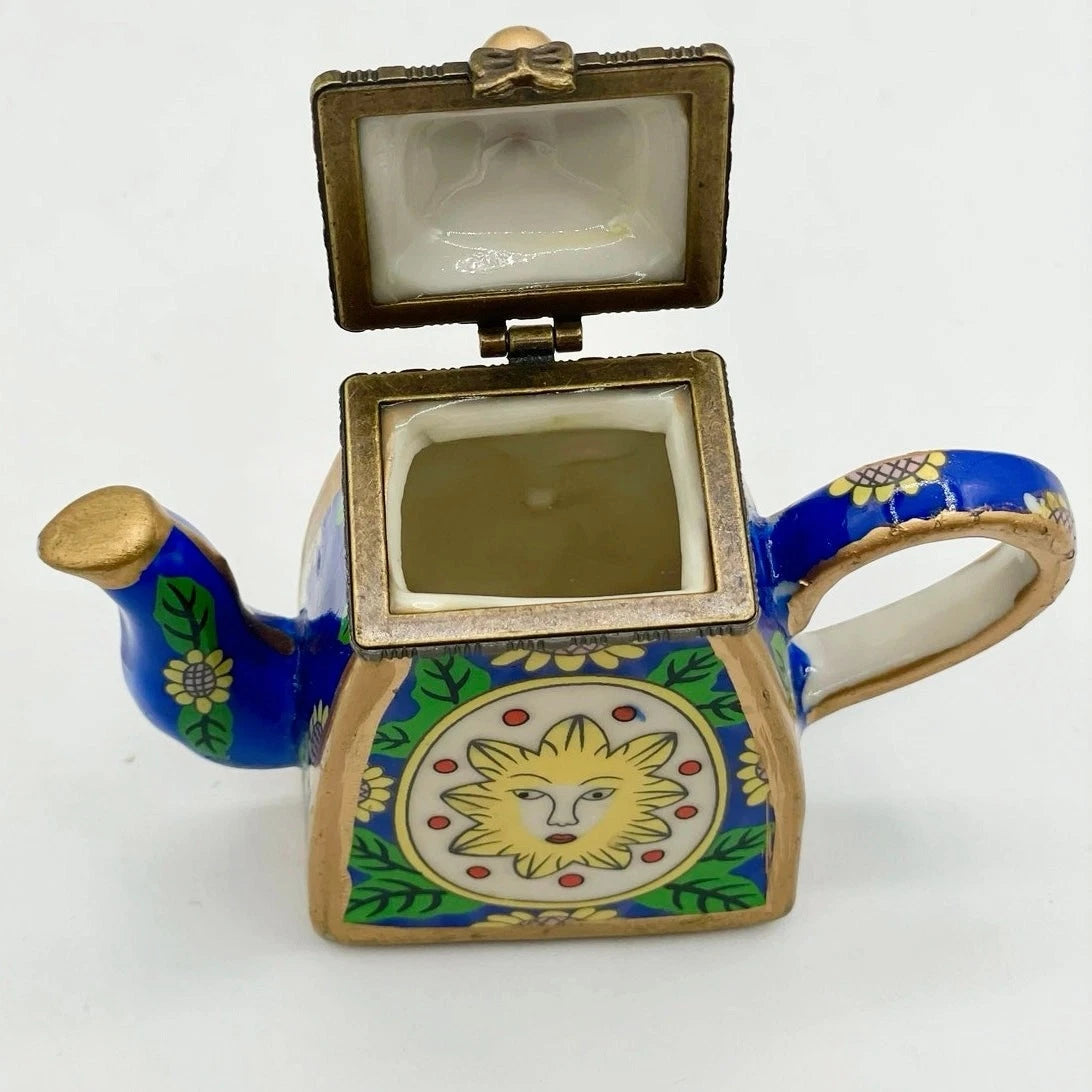 Miniature Blue Enamel Teapot Yellow Sun Face with Sunflower Charm Porcelain 3.5” | eBay