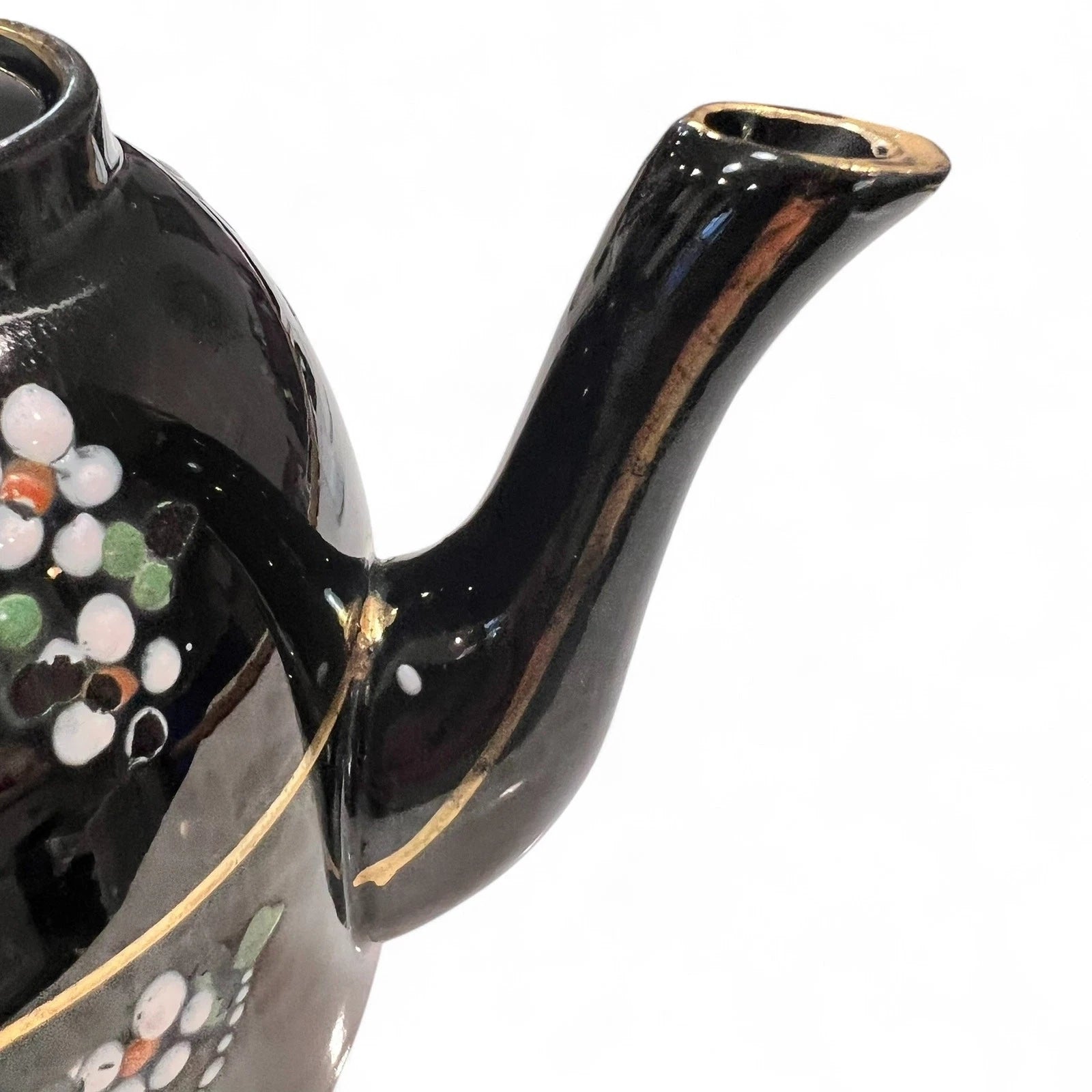 Vintage Black Glazed Teapot with Hand Painted Enamel Flowers & Gold Trim c1930s | eBay