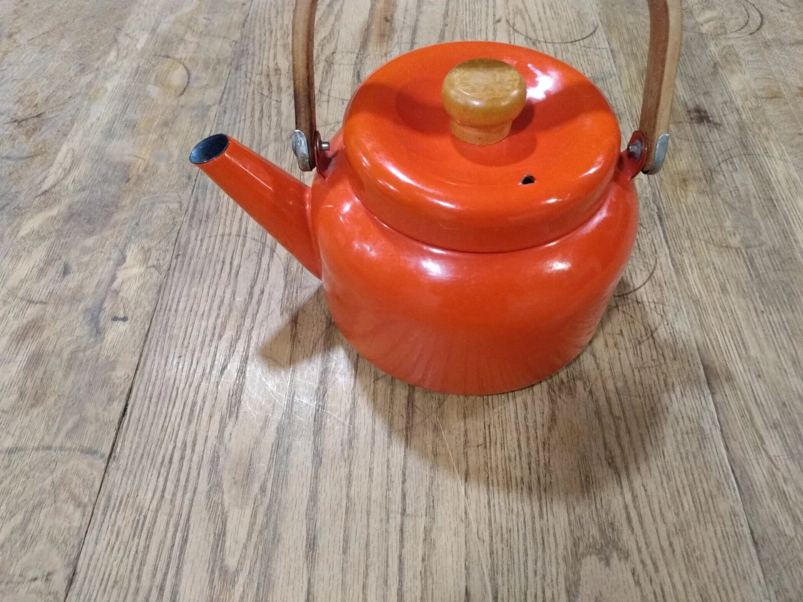 Vintage RED enamel ware Tea Pot Kettle Bent Wood Handle Retro, Mid Century | eBay
