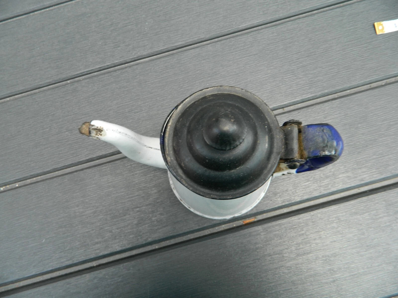 Primitive White Enamelware teapot with black top blue handle 3" diameter | eBay