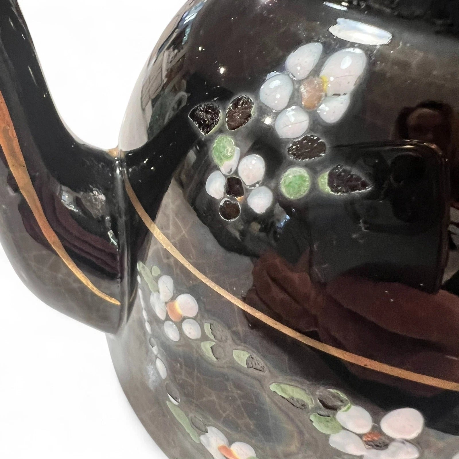 Vintage Black Glazed Teapot with Hand Painted Enamel Flowers & Gold Trim c1930s | eBay