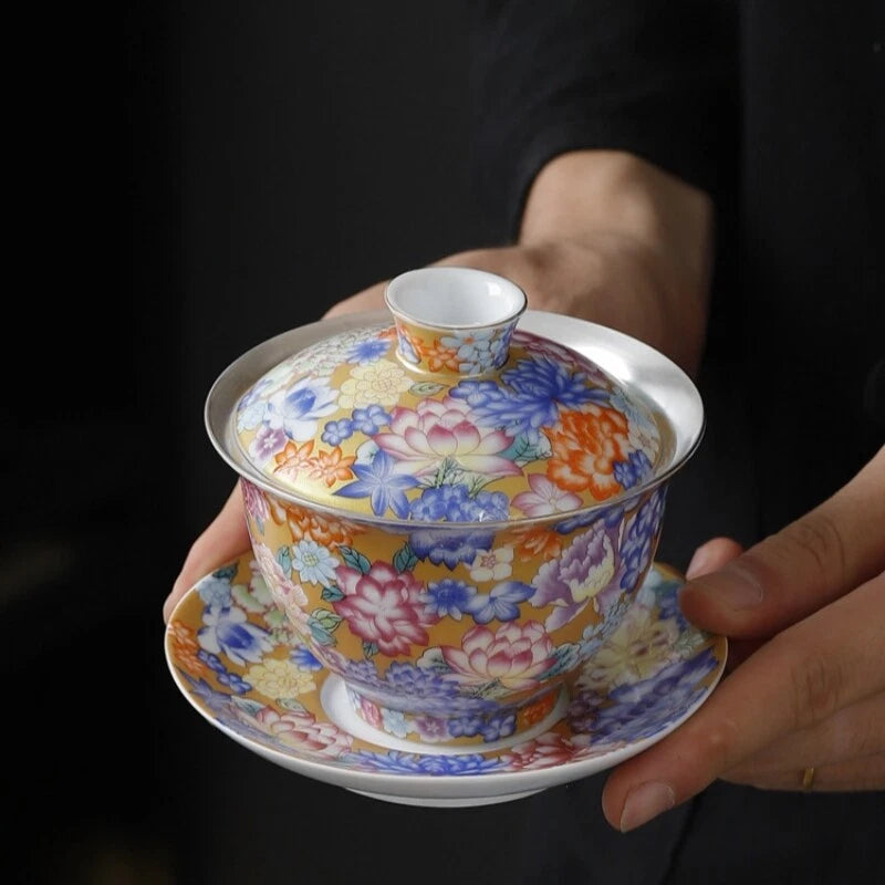 Enamel Craft Complete Tea Set Pure Silver Porcelain Gaiwan Tea Pot Cup Pitcher | eBay