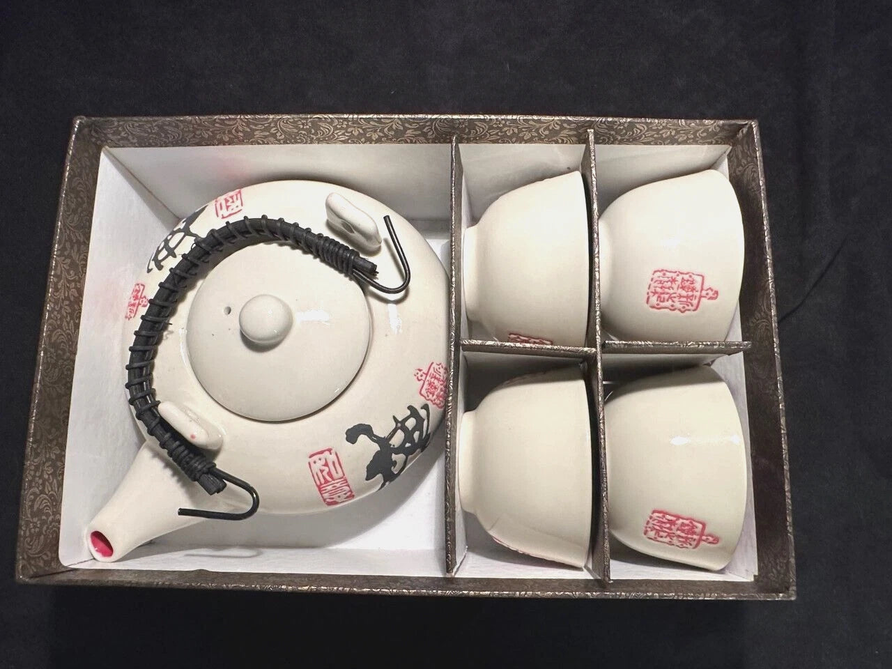 Chinese White and Red Enamel Porcelain Teapot and 4 Cups NIB | eBay