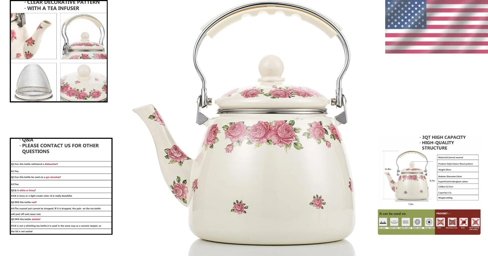 Elegant Porcelain Tea Kettle - 3.3L Enamel Teapot with Whistling Feature | eBay