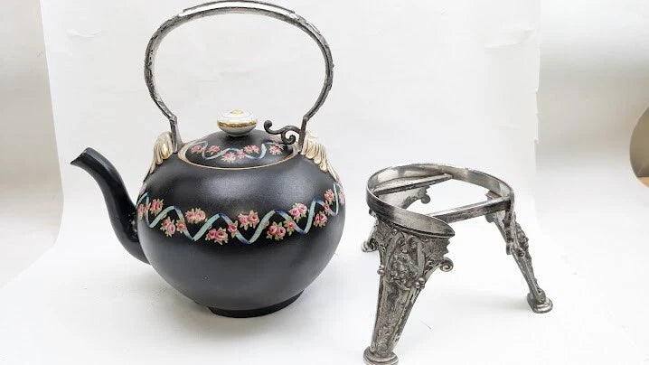 Antique Teapot Kettle on Stand Victorian Meriden Silver Plate Porcelain Enamel | eBay