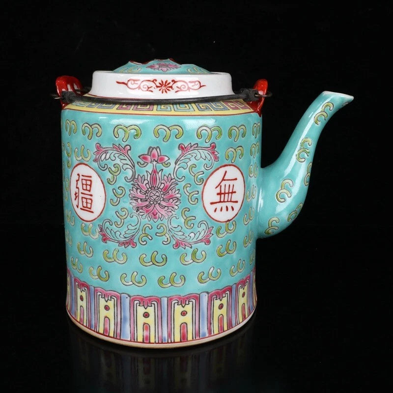 Chinese Porcelain Green Enamel Handpainted Flowers Longevity Teapot M2668 | eBay