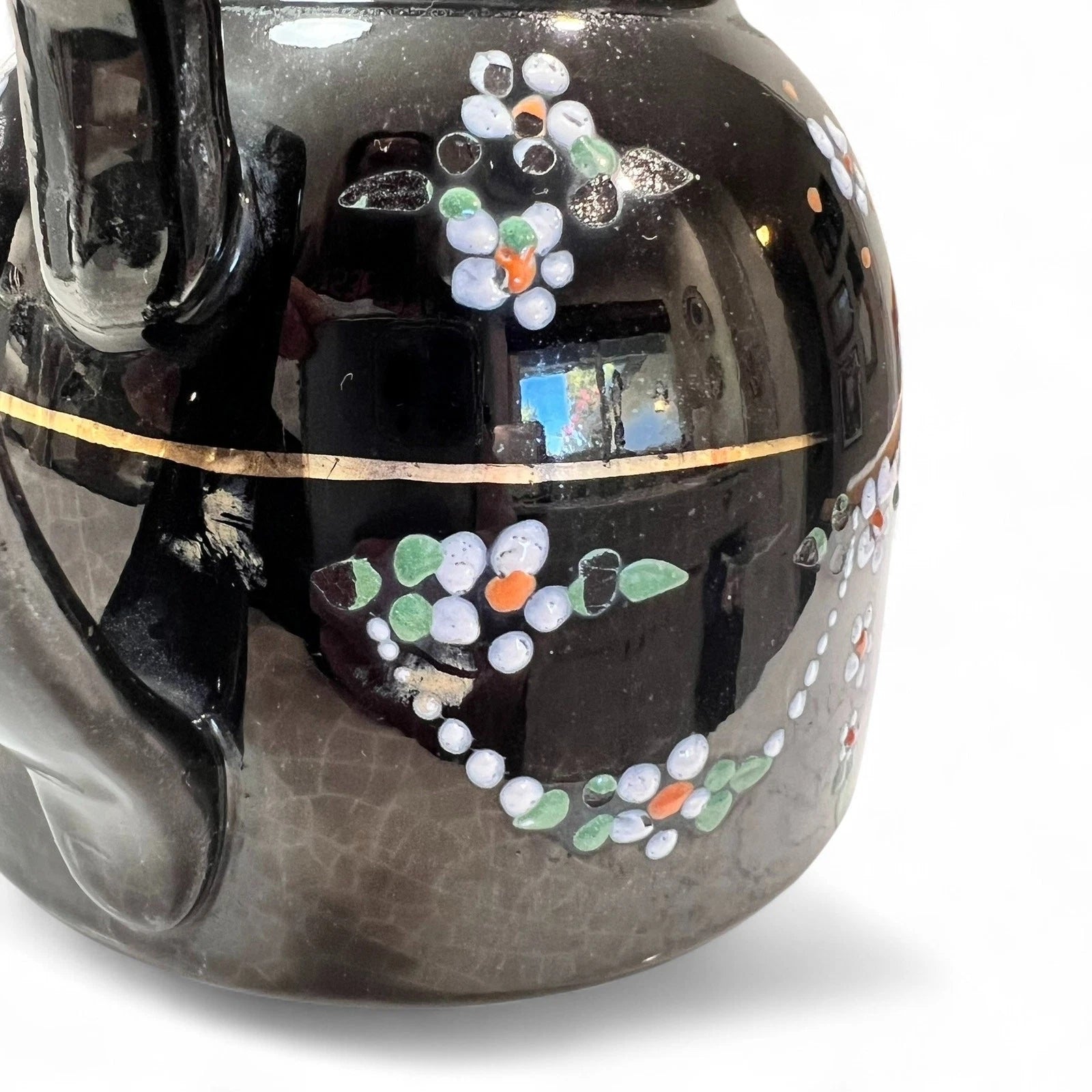 Vintage Black Glazed Teapot with Hand Painted Enamel Flowers & Gold Trim c1930s | eBay