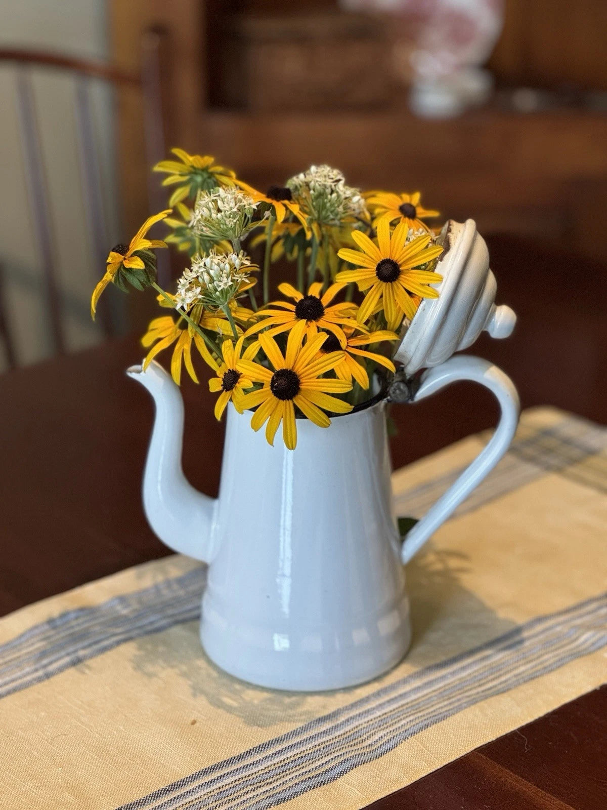 Vintage Enamel Coffee Tea Pot w Goose Neck Spout White w Blue Rim | eBay