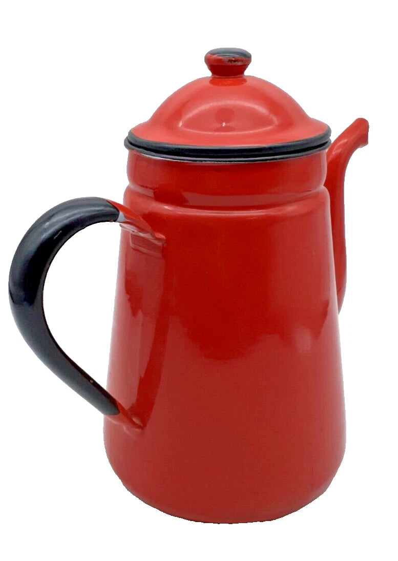 Red Enamel Teapot 9" Metal Enamelware Farmhouse Country Vintage Japan | eBay