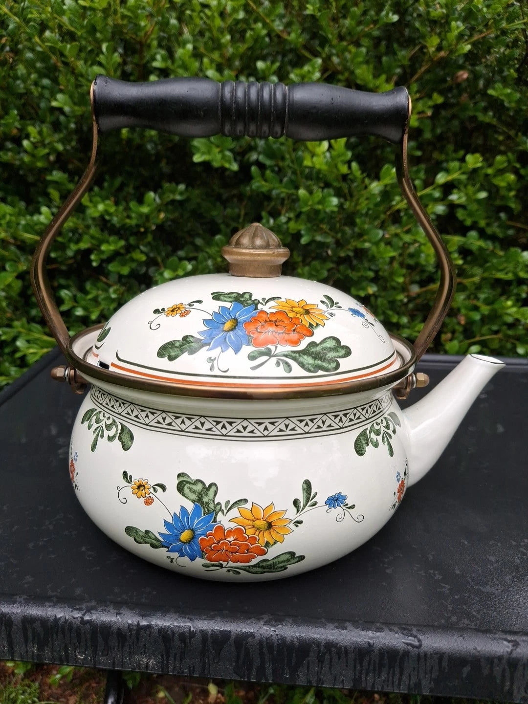 Vtg Enamel Ware Floral Teapot Kettle With Wooden Handle Normandy | eBay