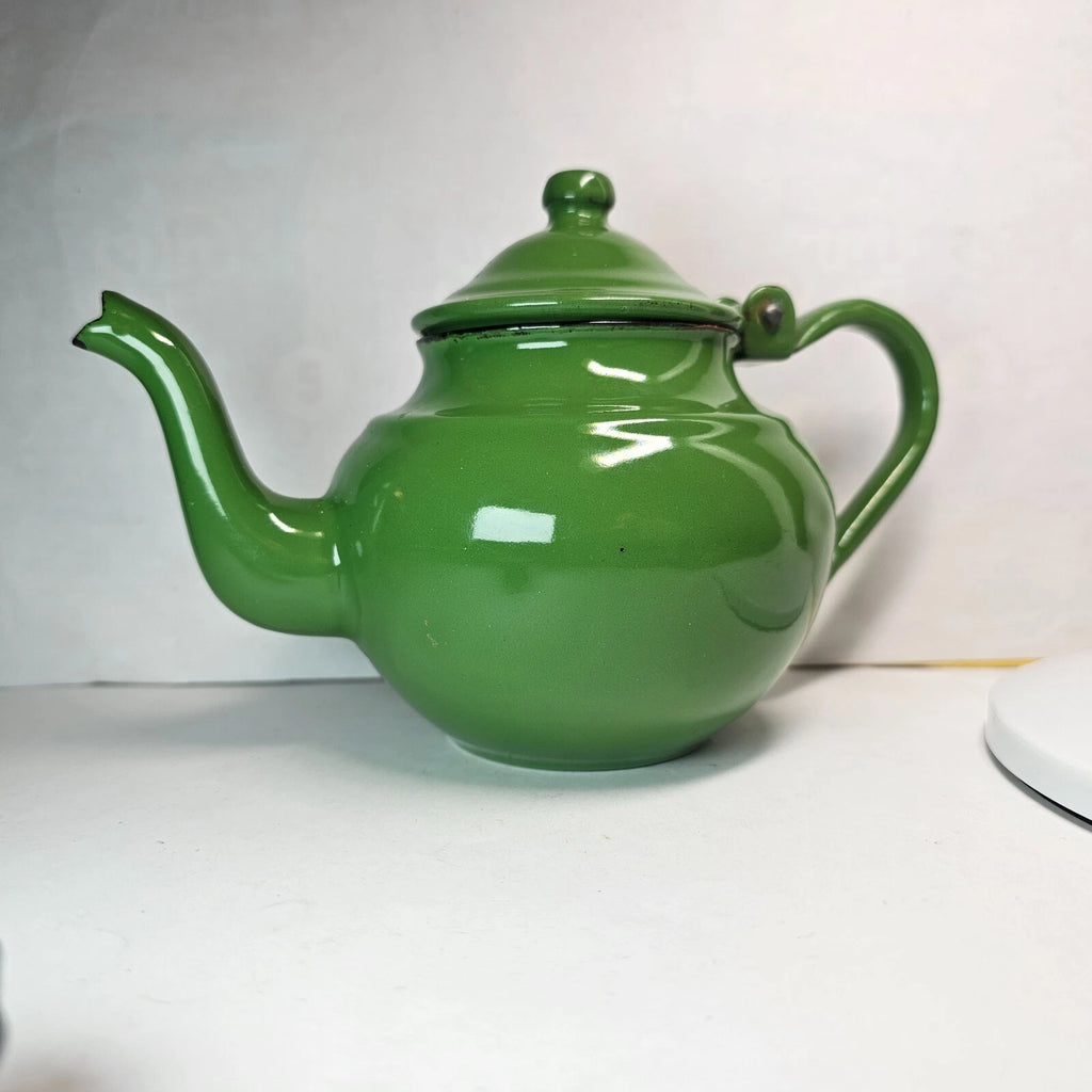 SMALL GREEN ENAMEL TEAPOT PITCHER POT PORCELAIN METAL w/ LID WHITE BLACK ANTIQUE | eBay