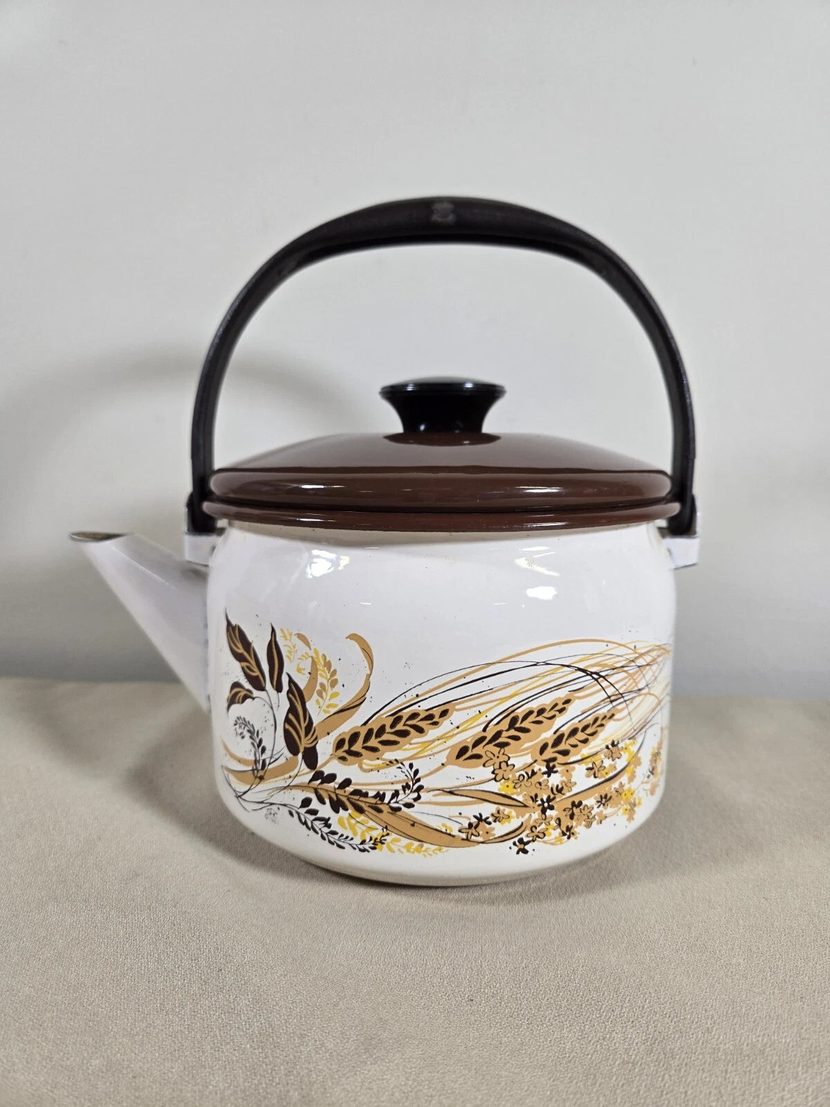 Vtg Retro Enamel Tea Pot Harvest Wheat Wood Handle In Used Condition | eBay