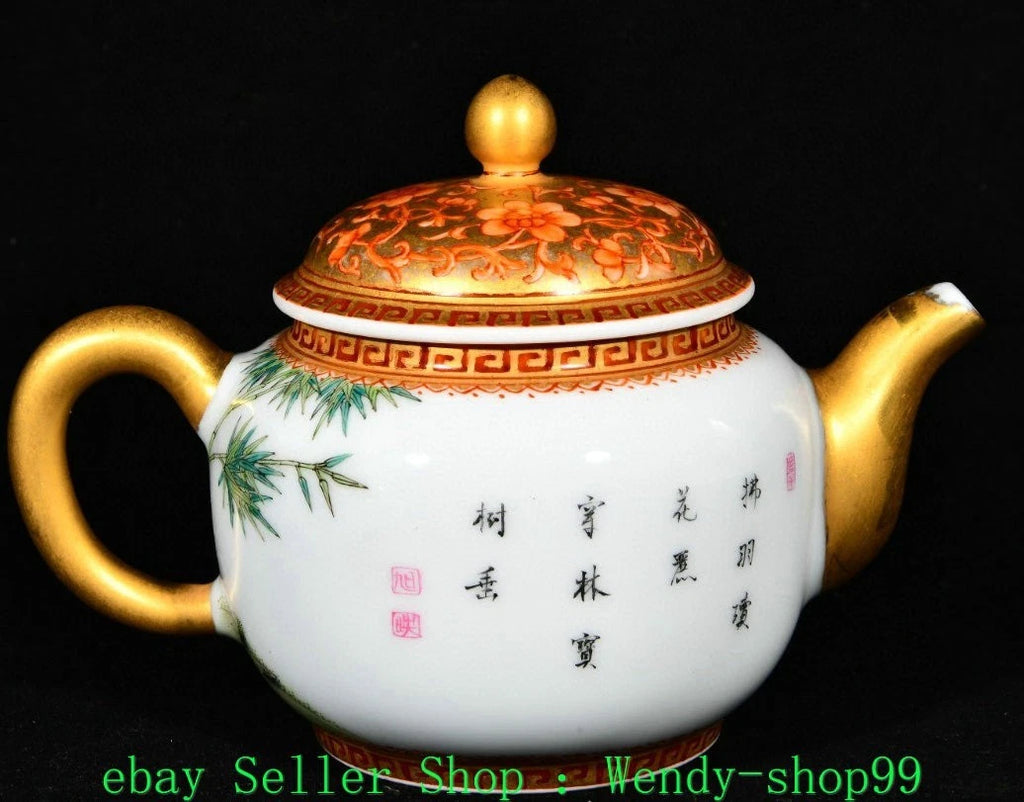 5" YongZheng Marked Colour Enamel Porcelain Gilt Bamboo Plum Magpie Bird Teapot | eBay