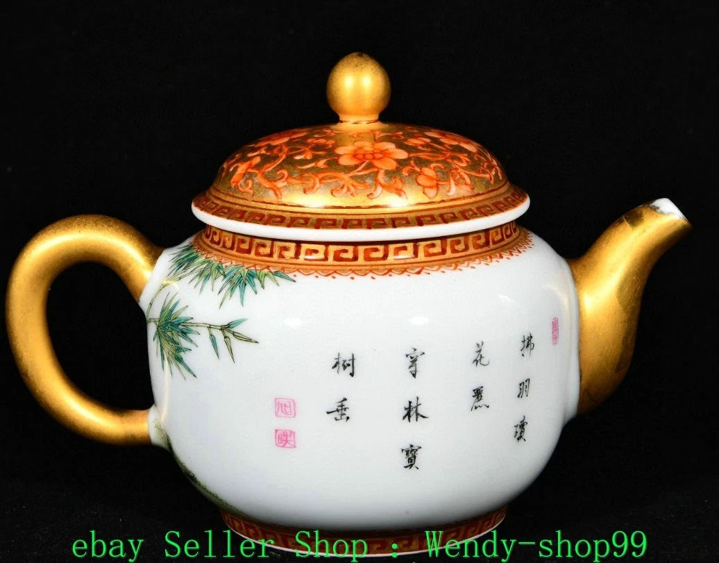 5" YongZheng Marked Colour Enamel Porcelain Gilt Bamboo Plum Magpie Bird Teapot | eBay