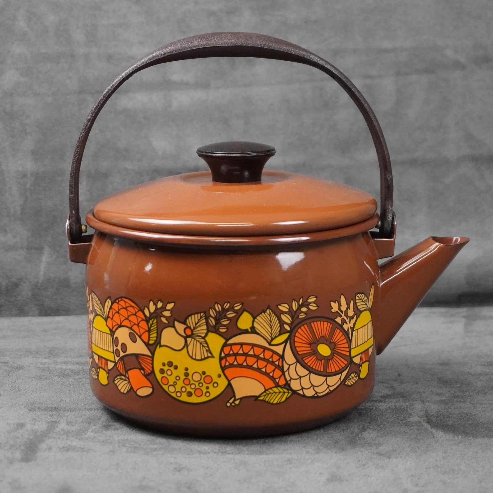 Vintage Brown Enamel Teapot Mushroom Floral Design Metal Handle Retro Kettle 70s | eBay